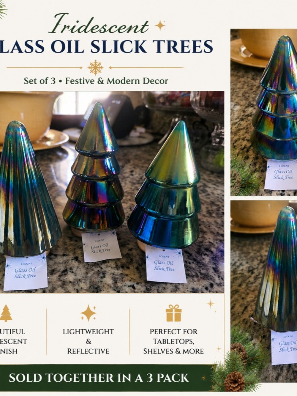 Set of 3 Iridescent Glass Oil Slick Christmas Trees Tabletop Decor NWT - Picture 6 of 11